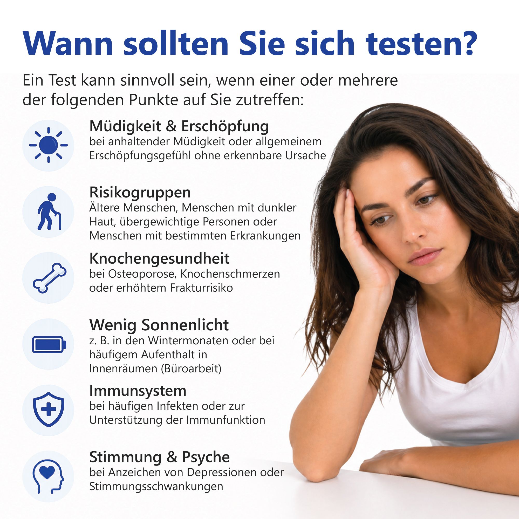Infografik: Wann man sich testen sollte. Müdigkeit, Risikogruppen, Knochengesundheit, wenig Sonnenlicht, Immunsystem, Stimmung.