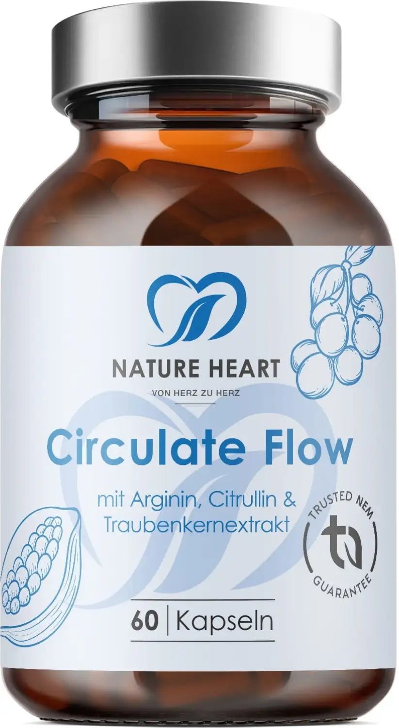 Braune Glasflasche mit Kapseln. Aufschrift: Circulate Flow, Nature Heart, 60 Kapseln. Logo mit Herz und Blättern.