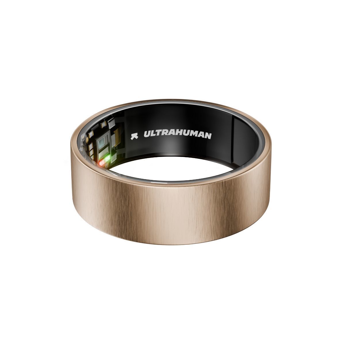 Goldfarbener Ring. Innenliegend schwarzes Element mit Schriftzug. Kleinteile und grüne/rote Lichter sichtbar.