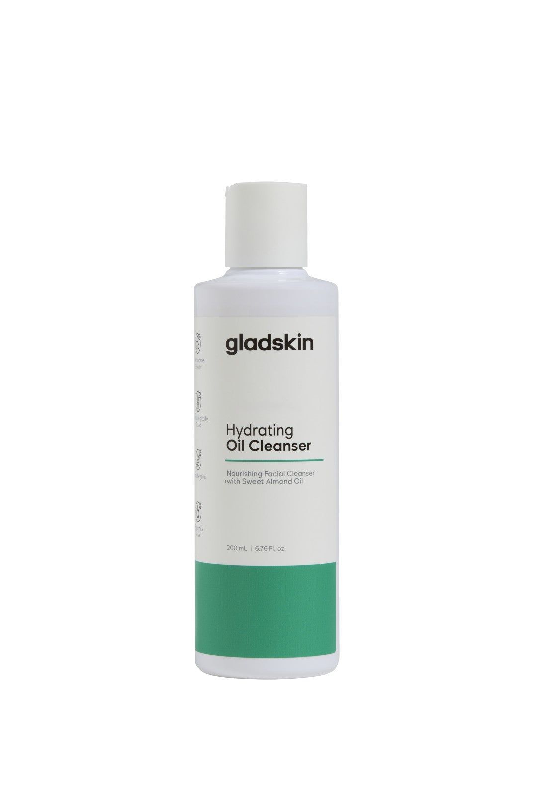 Weiße Flasche mit grünem Streifen. Text: Hydrating Oil Cleanser. Aufschrift: Nourishing Facial Cleanser.
