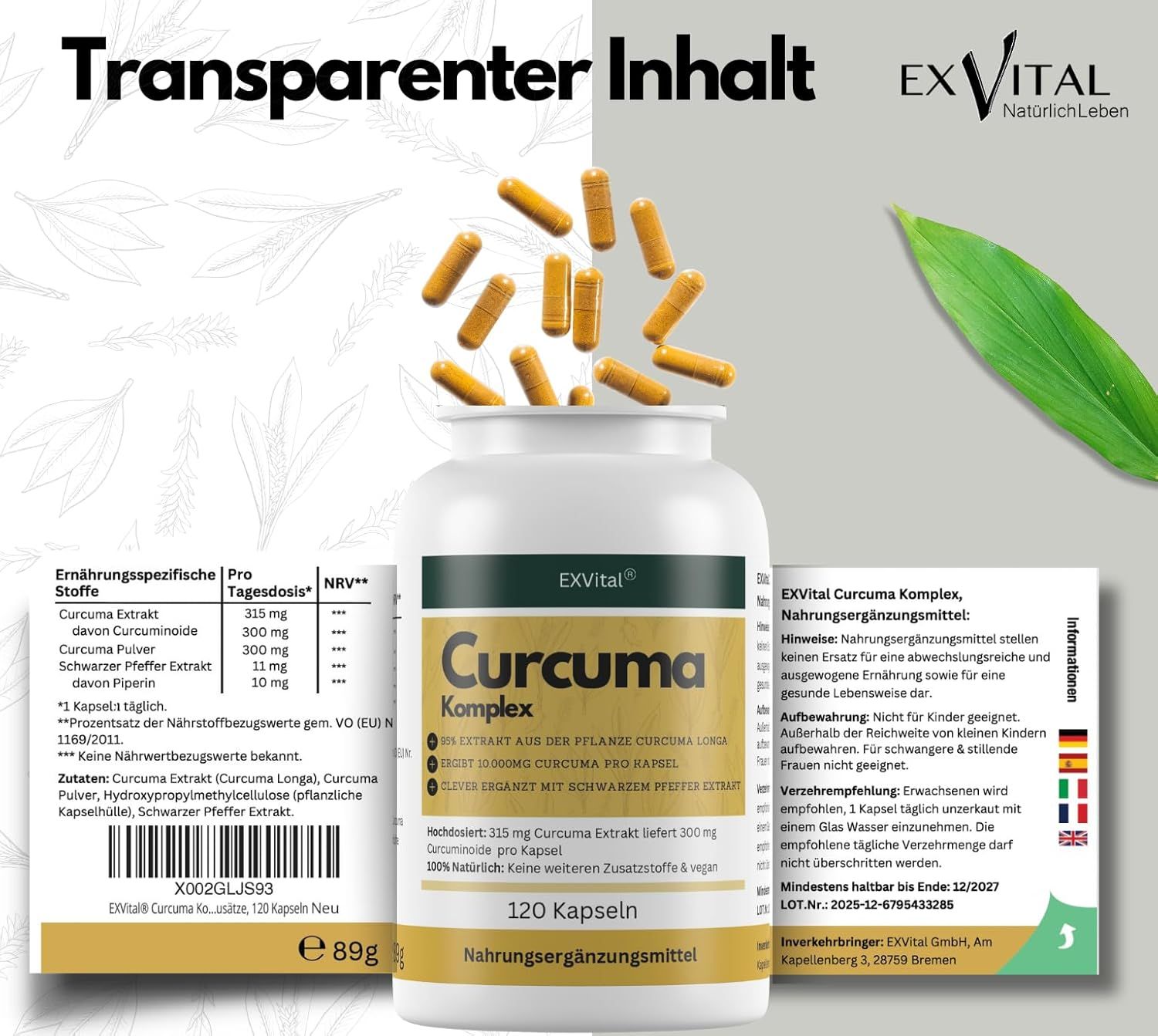 Weißes Pillenbehälter mit Etikett. EXVital Curcuma Komplex. 120 Kapseln. Zusätzliche Informationen und Inhaltsstoffe.