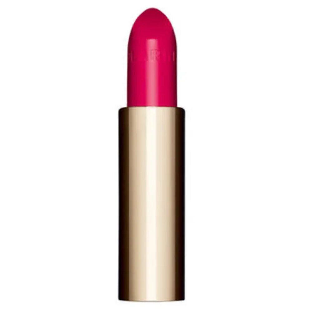 Lippenstift mit goldfarbener Hülse und pinkfarbener Spitze. Vertikale Ansicht. Der Lippenstift ist teilweise aus der Hülse herausgedreht.