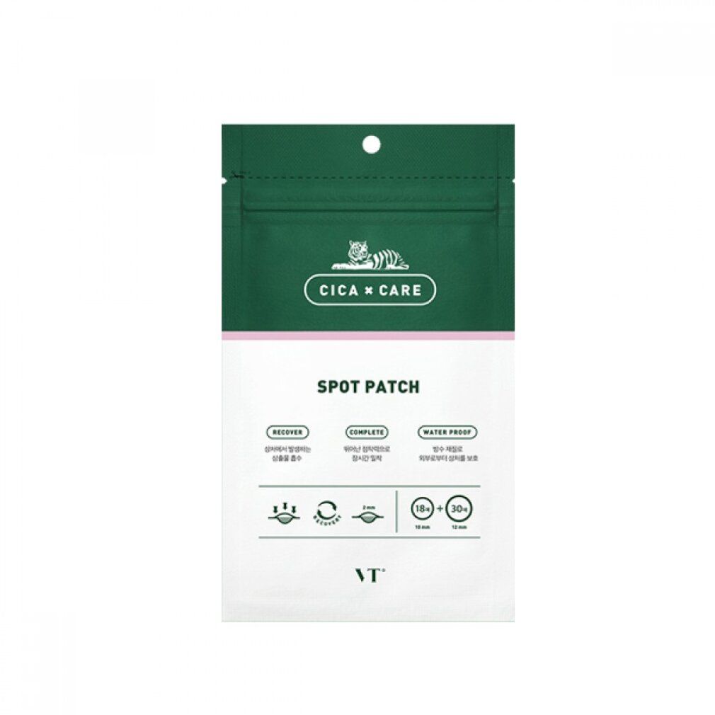 VT Cosmetics Cica Spot Patch Packung mit Informationen zu Erholung, Vollständigkeit und Wasserdichtigkeit.