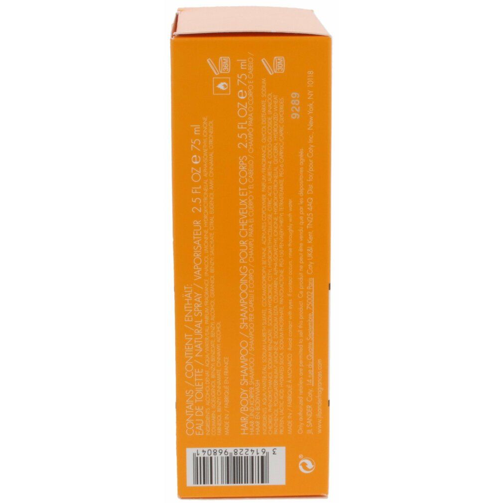 Rückseite der orangefarbenen Verpackung. Text in mehreren Sprachen. Informationen zu Inhaltsstoffen und Hersteller.