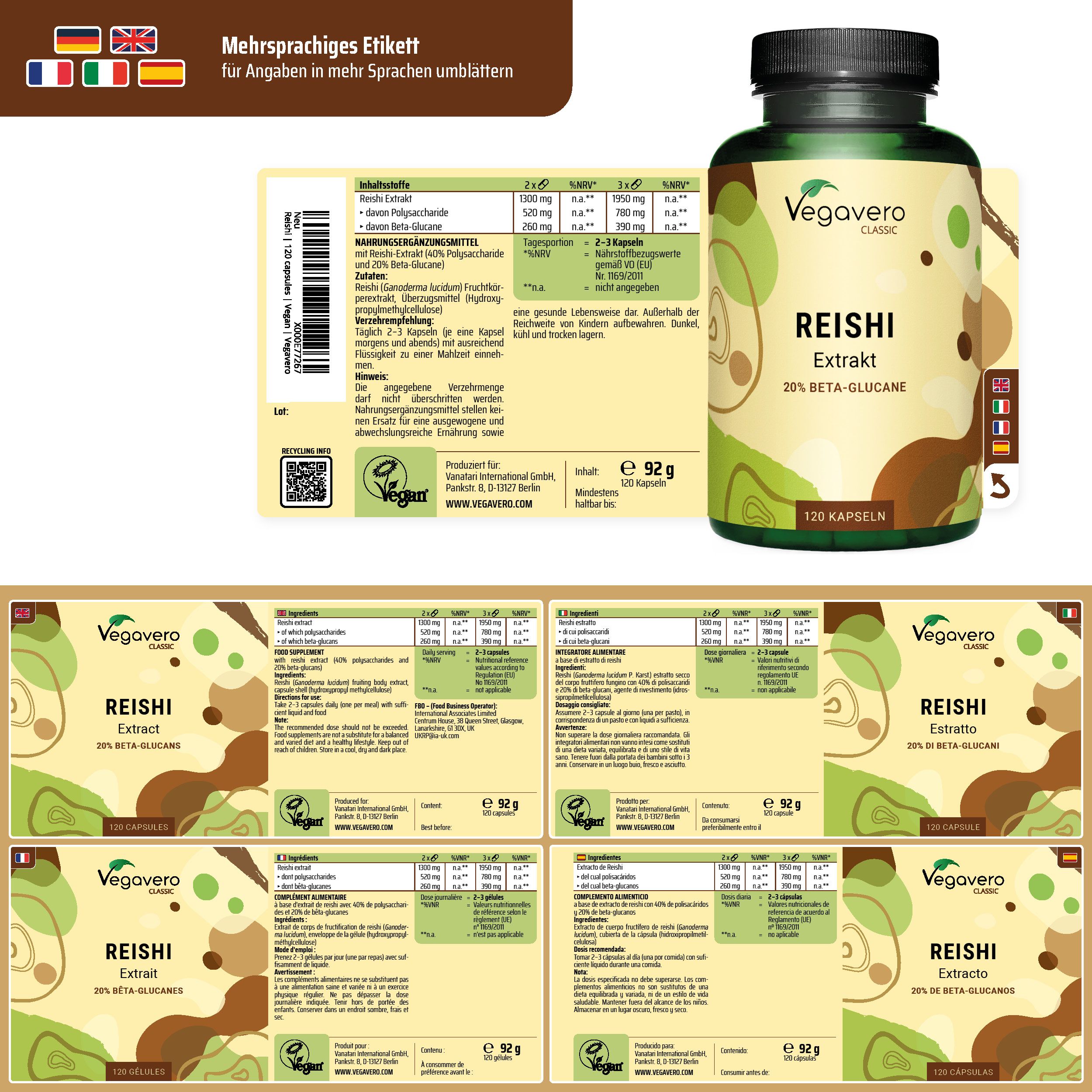 Etikett mit Informationen in mehreren Sprachen. Flasche mit Kapseln. Aufschrift: Reishi Extrakt, 20% Beta-Glucane, 120 Kapseln.