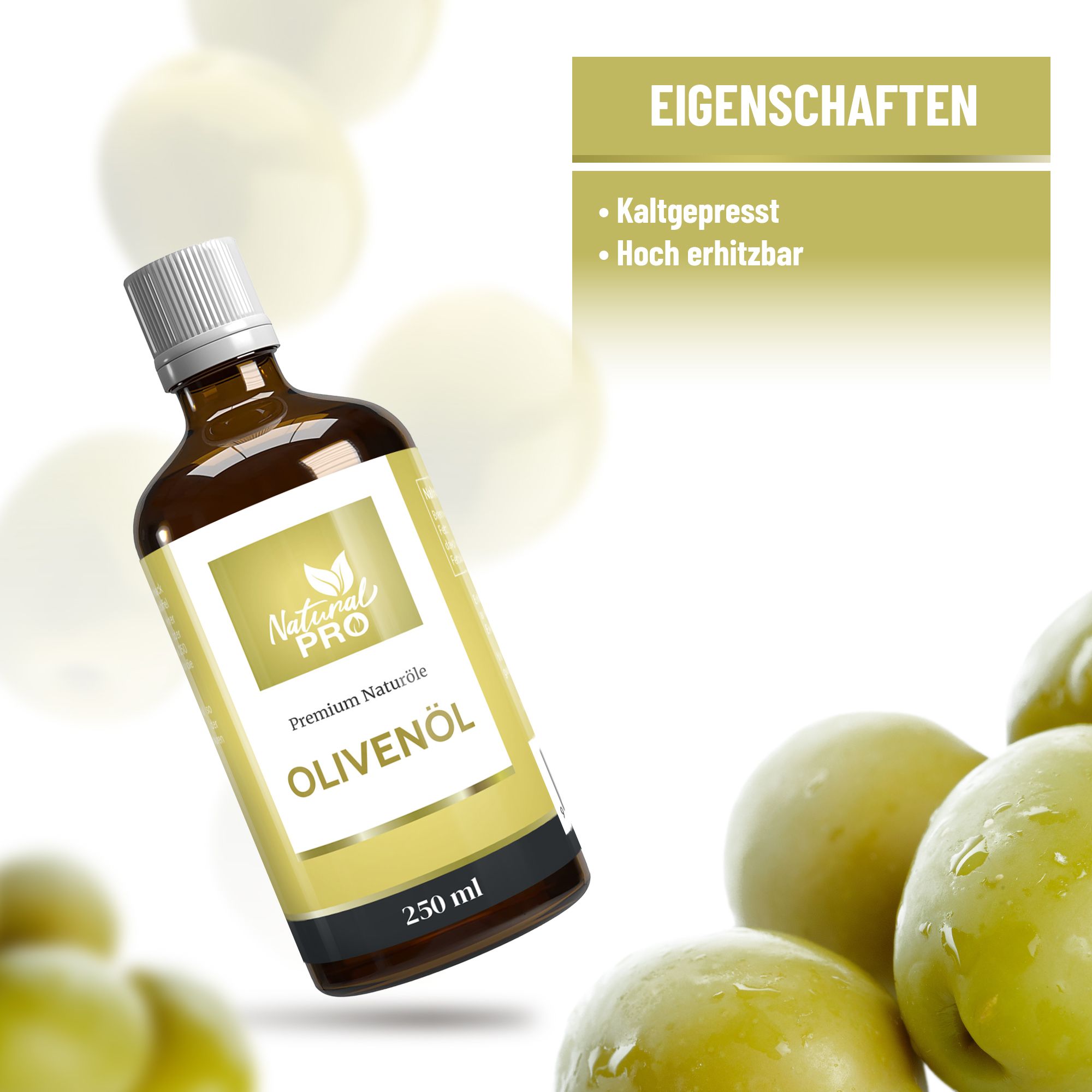 Braune Glasflasche mit Olivenöl. Etikett mit Produktname und 250 ml. Eigenschaften: kaltgepresst, hoch erhitzbar.