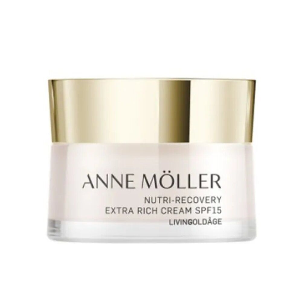 Creme-Glas mit goldenem Deckel. Aufschrift: ANNE MÖLLER, Nutri-Recovery, Extra Rich Cream SPF15, Livingoldâge.