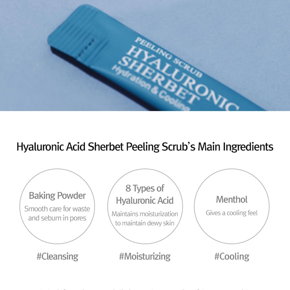Infografik mit Inhaltsstoffen des Peeling-Scrub. Inhaltsstoffe: Backpulver, 8 Arten von Hyaluronsäure, Menthol. Hashtags.