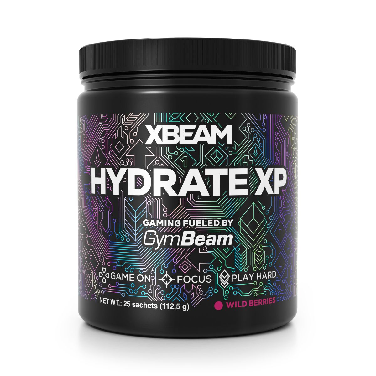 GymBeam Hydrate XP Elektrolyt-Vitamin-Komplex Pulver in Wild Berries Geschmack. Schwarzer Behälter mit Etikett.