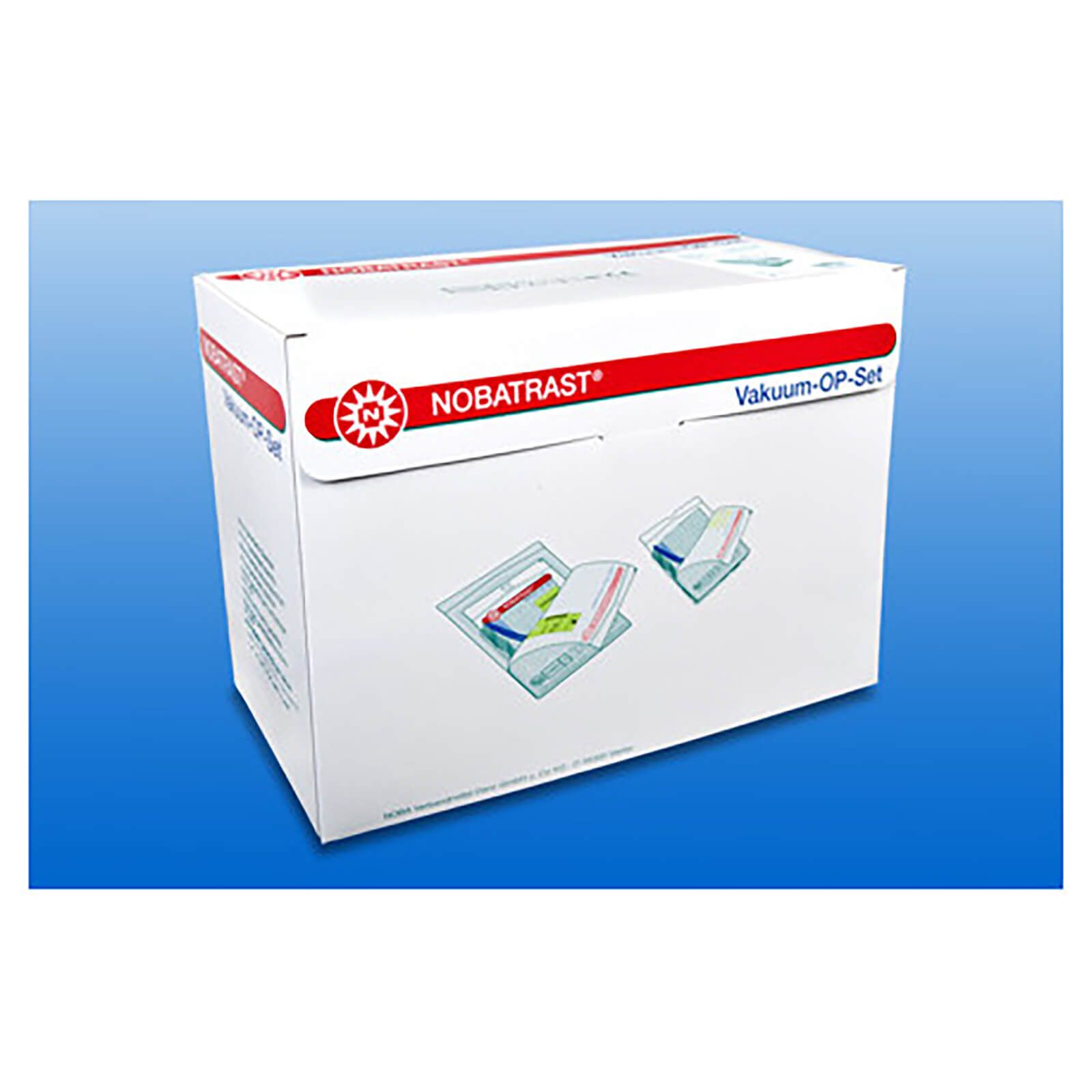 Karton mit OP-Sets. Aufdruck: NOBATRAST, Vakuum-OP-Set. Abbildung von Sets in Folienverpackung. Weiße Box mit roter Schrift.