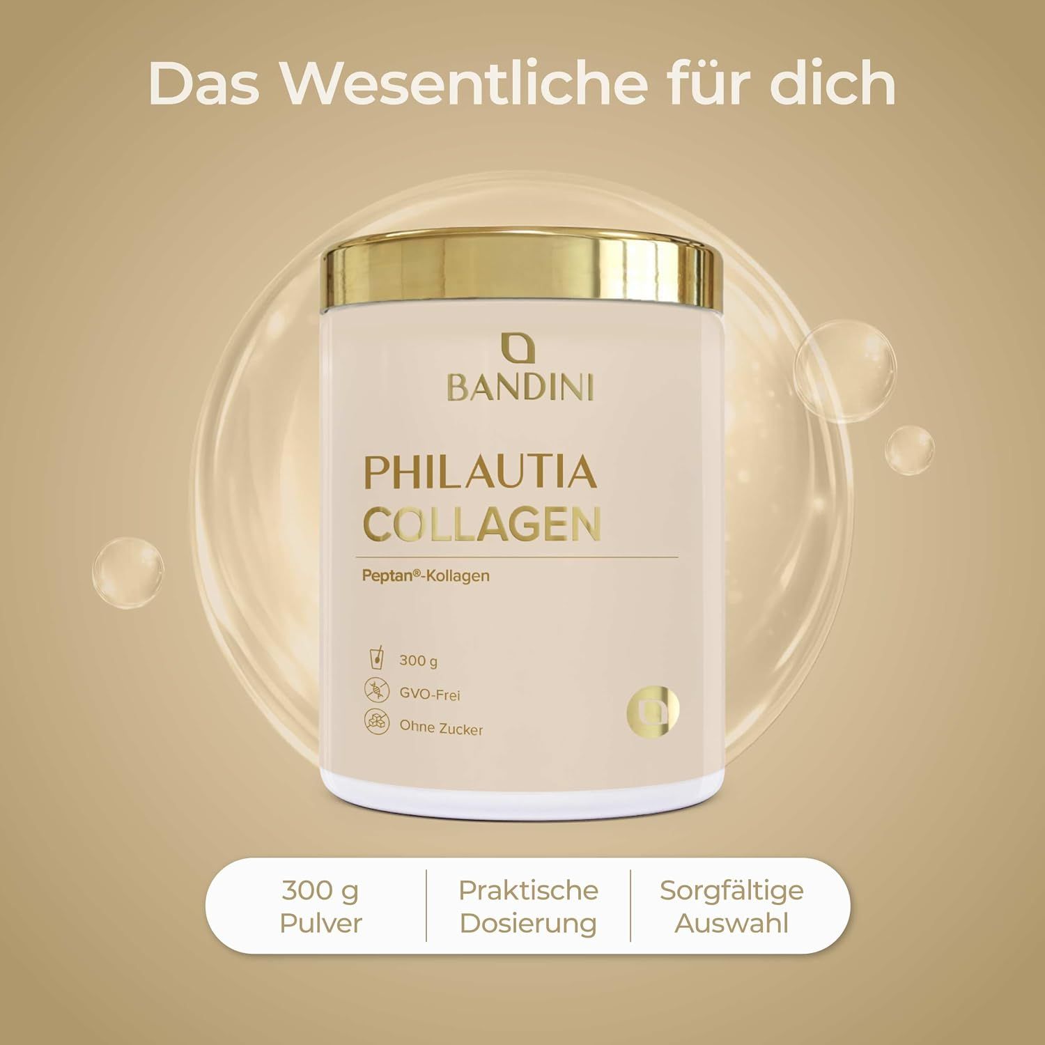 Ein Becher 'BANDINI PHILAUTIA COLLAGEN' umgeben von Blasen, mit Texten wie 'Natürliche Formel'.