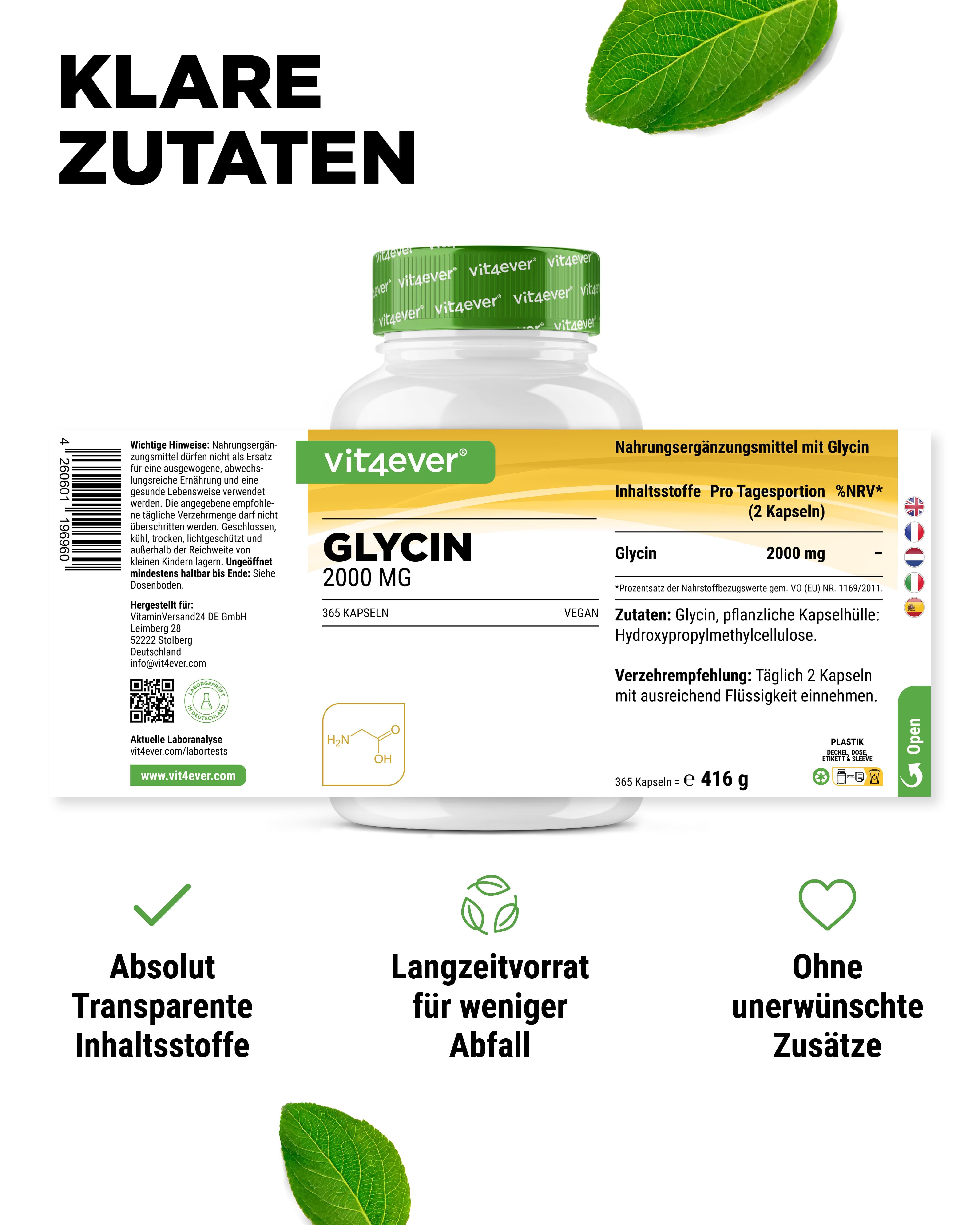Weißes Pillenbehälter mit grünem Deckel. Aufschrift: Glycin 2000 MG. Marke: vit4ever. 365 Kapseln. Vegan. Text.