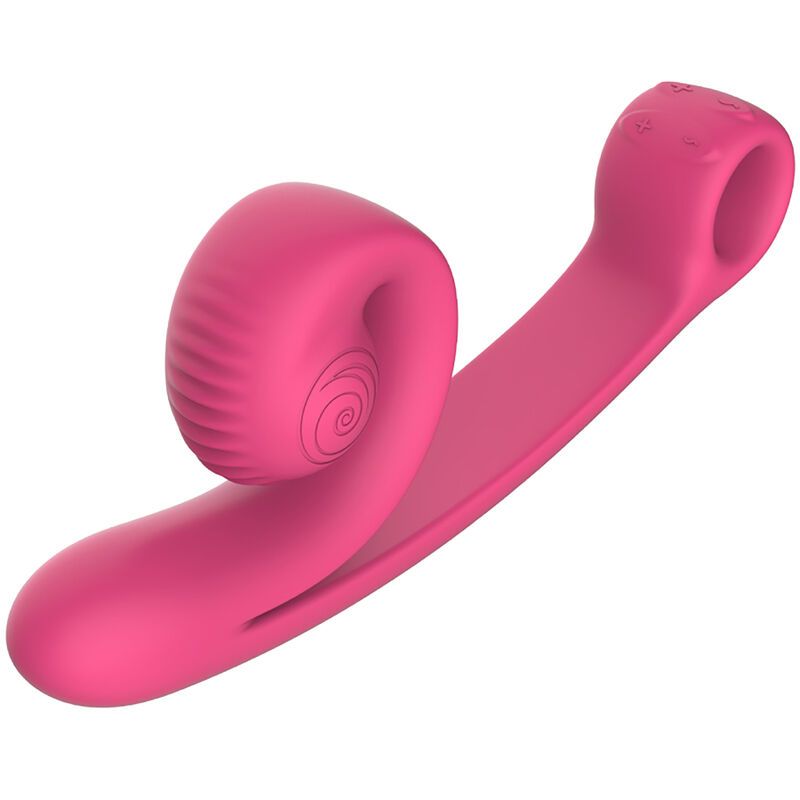 Rosa Vibrator mit spiralförmigem Kopf und Ring. Oberfläche mit Rillen und erhabenen Punkten.