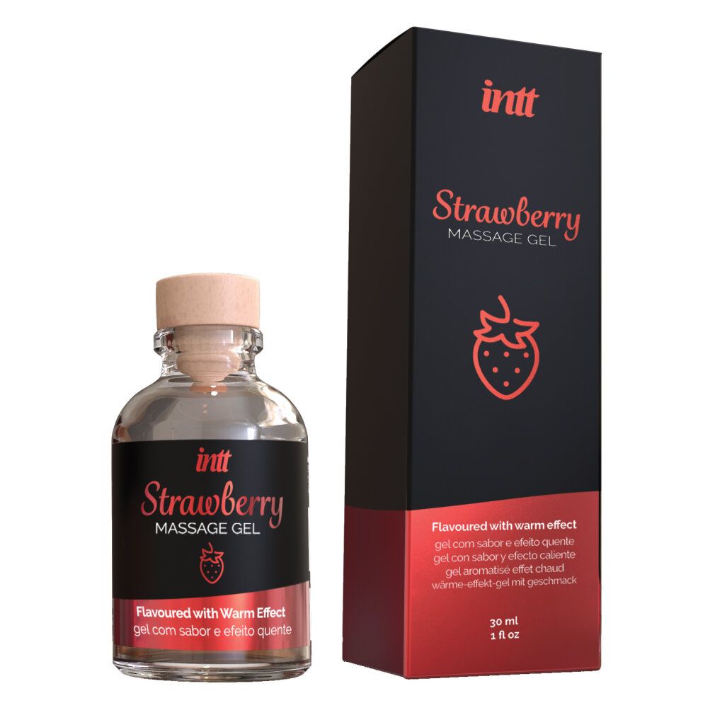 Glasflasche und Schachtel. Flasche mit Korken, schwarzes Etikett "intt Strawberry MASSAGE GEL". Schachtel mit Text und Erdbeer-Illustration.