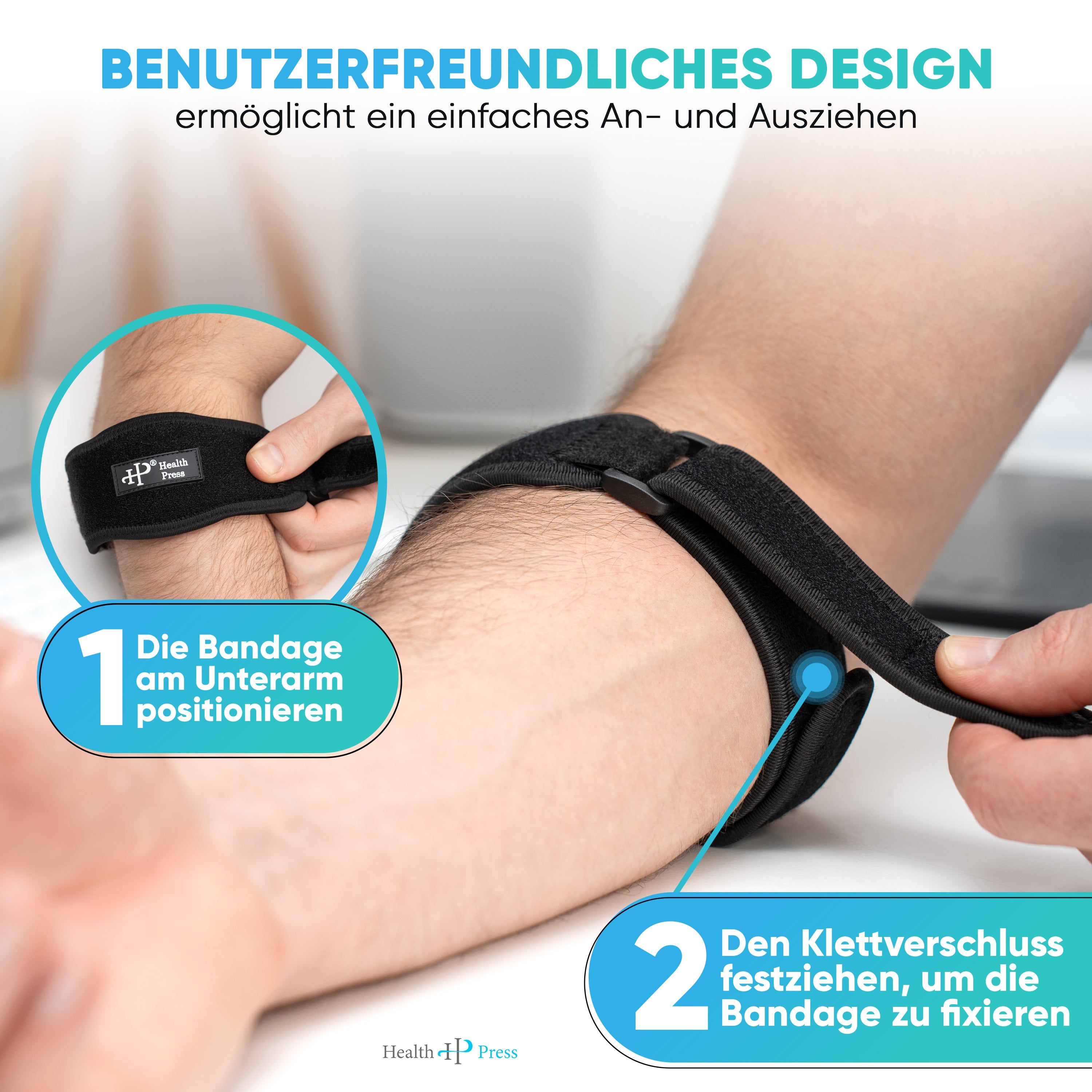 Nahaufnahme einer Person, die eine schwarze Tennisarmbandage anlegt. Anweisungen: Bandage positionieren, Klettverschluss fixieren.