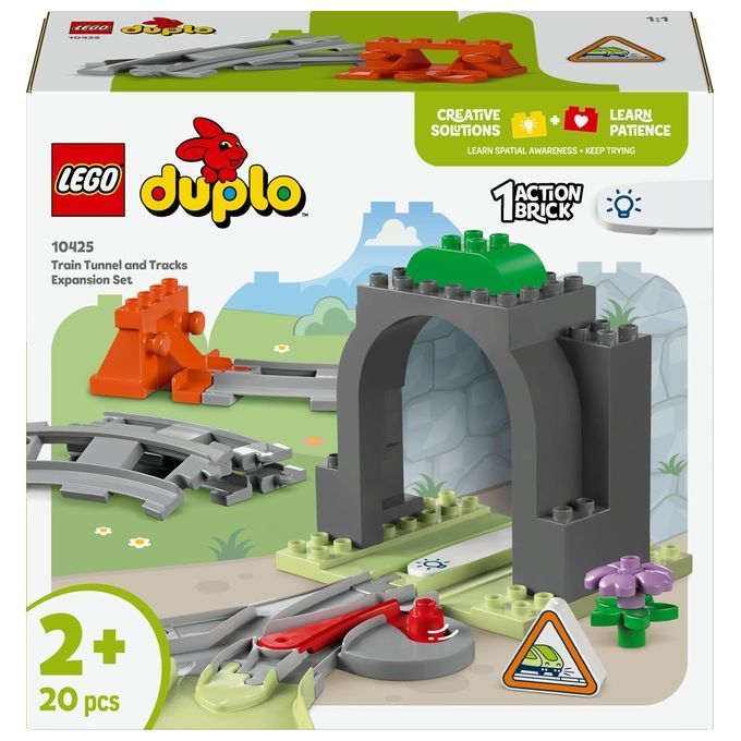 LEGO Duplo-Erweiterungsset mit Tunnel, Gleisen und Zubehör. Enthält 20 Teile. Verpackung mit Produktabbildung.