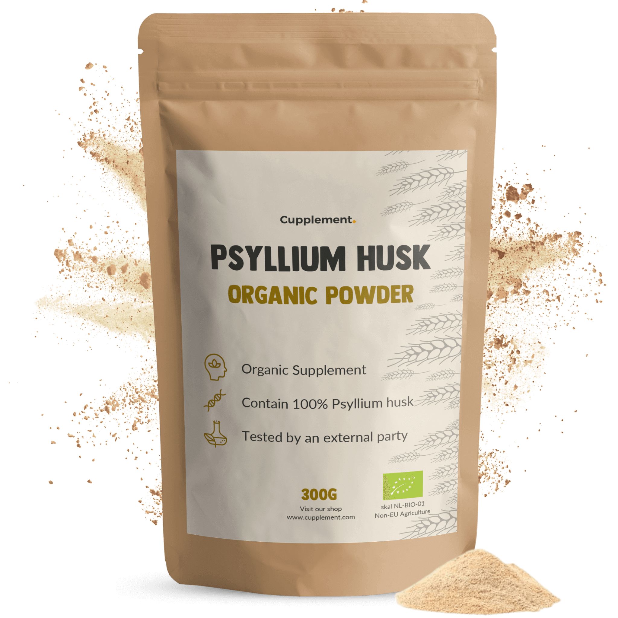 Beutel mit Psyllium Husk Organic Powder. 300g Packung. Bio-Siegel. Pulver daneben.