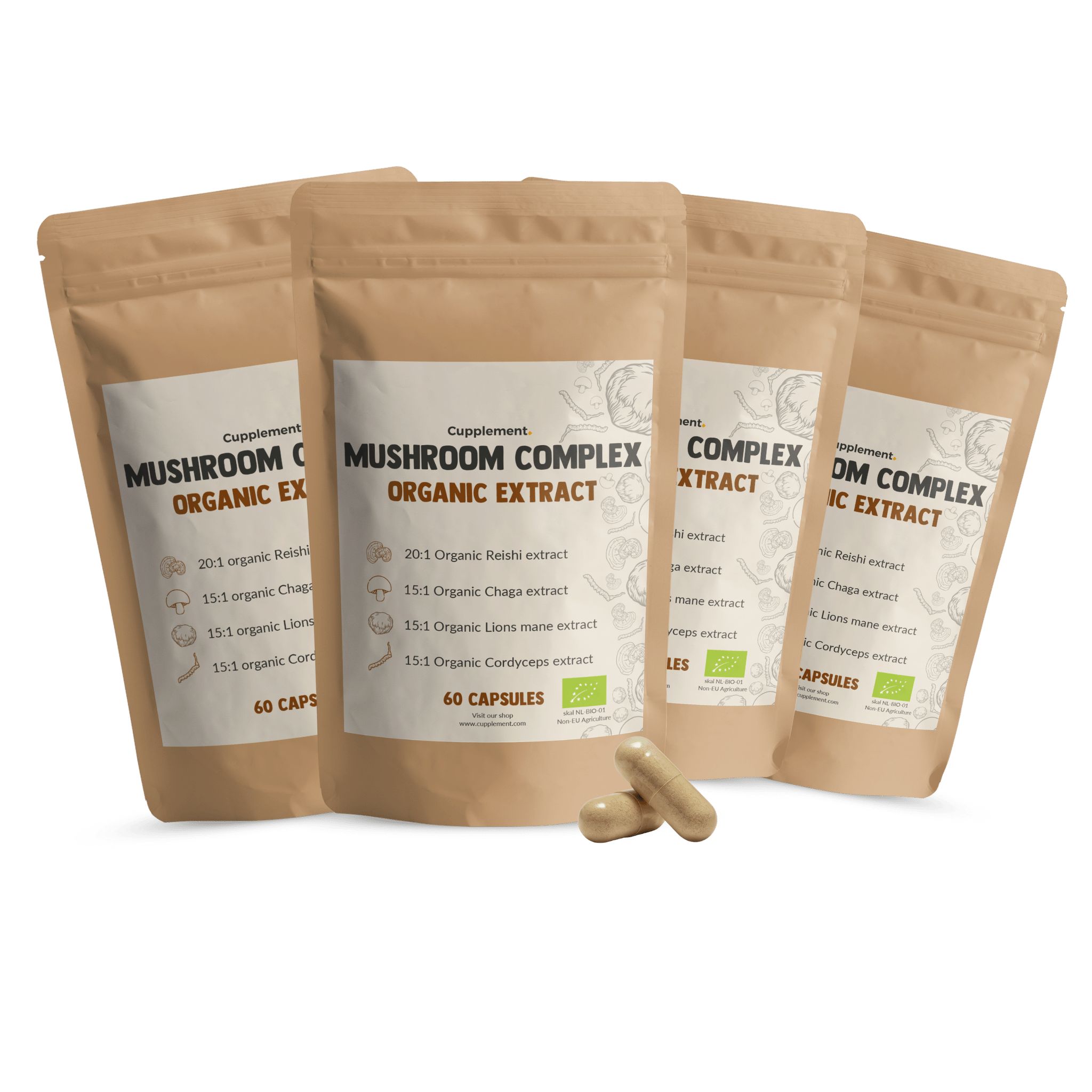 Mehrere Beutel Cupplement - Complexe de champignons BIO 400 mg. Braune Beutel mit weißem Etikett und Kapseln.