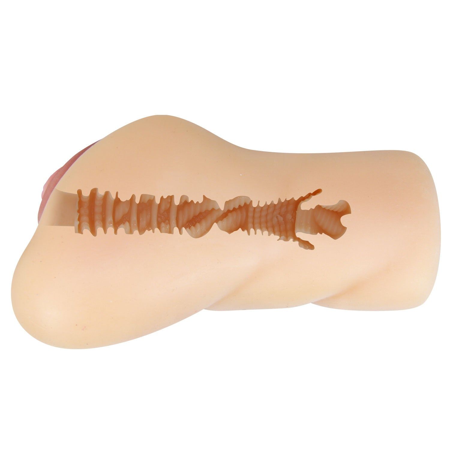 Beige Masturbator, seitliche Ansicht. Rosa Detail. Innenstruktur mit Rillen.