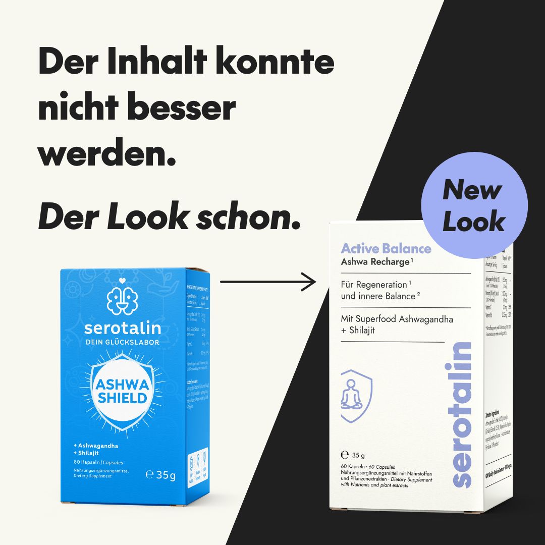 Vergleich von Produktverpackungen. Links: blaue Schachtel mit Ashwa Shield. Rechts: weiße Schachtel mit Active Balance Ashwa Recharge.
