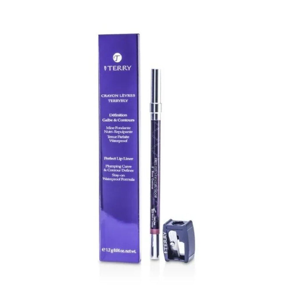 Lippenstift-Stift, Verpackung und Anspitzer. Dunkelroter Stift, silberne Spitze. Lila Verpackung.