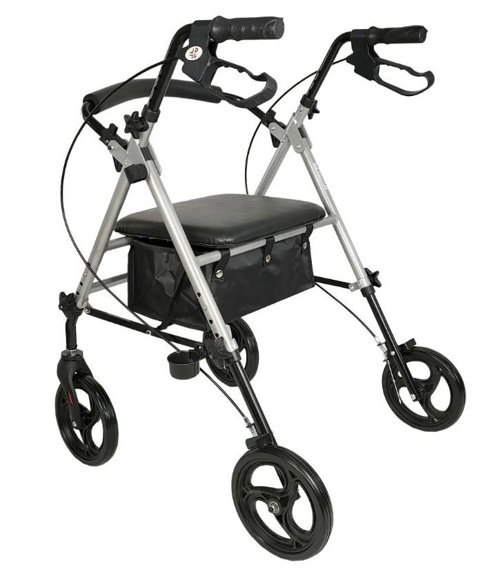 Rollator aus Aluminium mit 4 Rädern, schwarzem Sitz und Tasche. Griffe mit Bremsen. Becherhalterung.