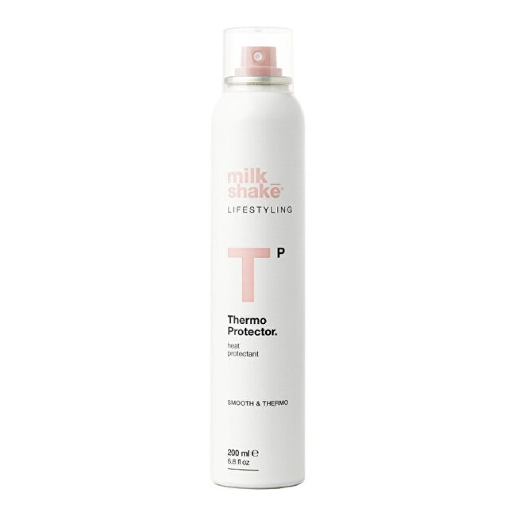 Weiße Aerosoldose mit rosa Sprühkopf. Enthält 'milkshake LIFESTYLING Thermo Protector. heat protectant' und '200 ml'.