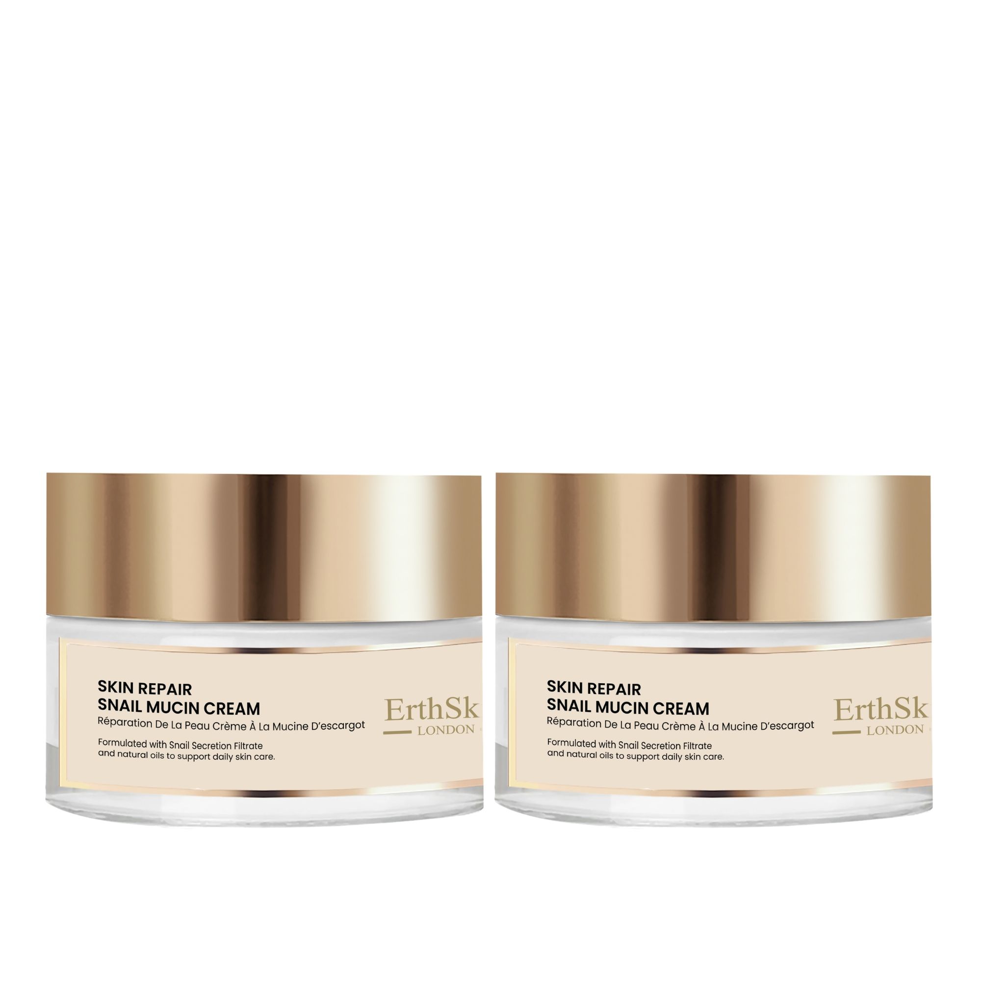 Zwei ErthSkin London Schneckencreme-Tiegel mit goldenen Deckeln.