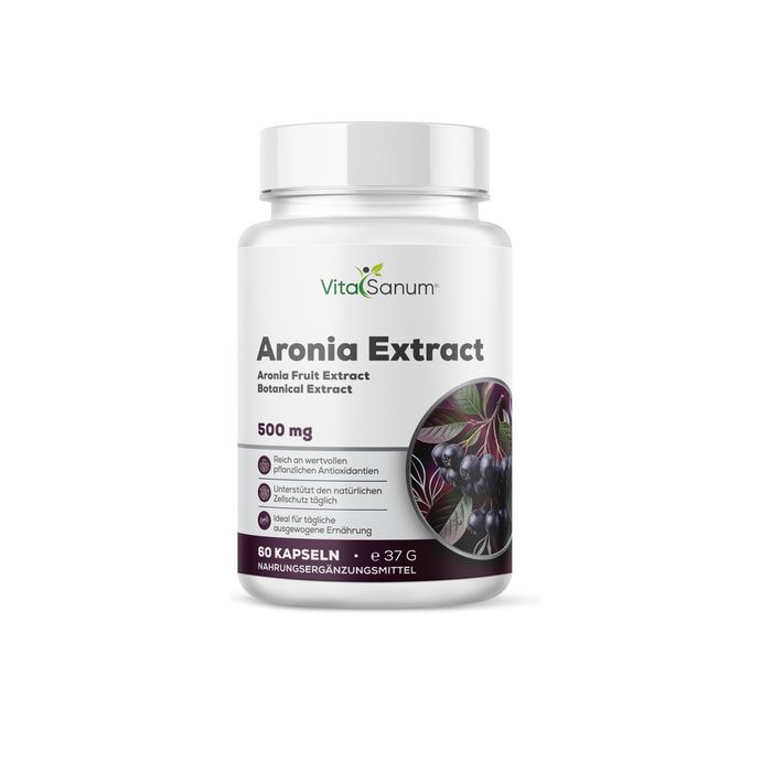 VitaSanum Aronia Extrakt Kapseln, 500 mg. Weißer Behälter mit Aroniabeeren-Illustration.