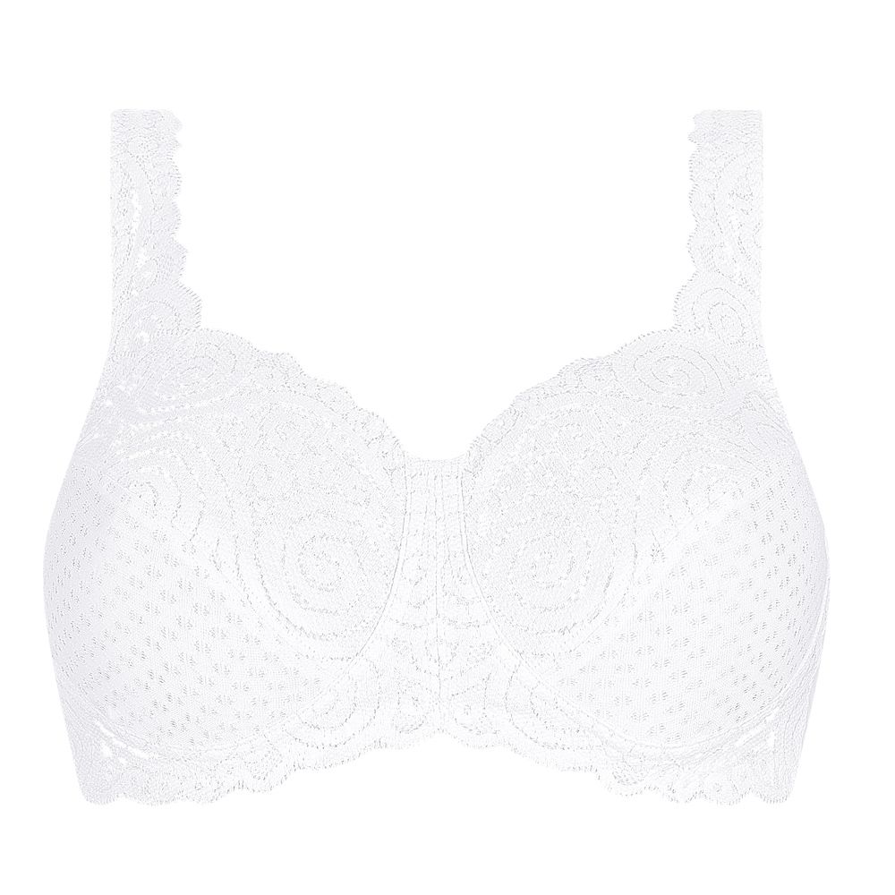 Weißer BH mit floraler Spitze, Frontalansicht.