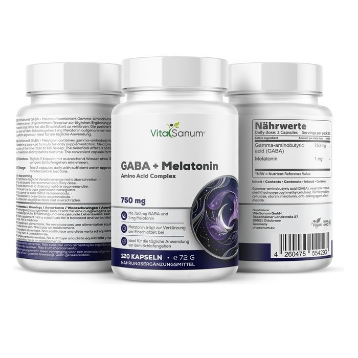VitaSanum GABA + Melatonin: Drei Behälter mit detaillierten Produktinformationen und Nährwertangaben.