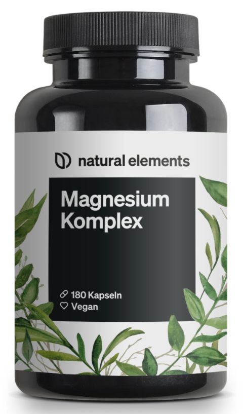 Schwarze Flasche mit weißem Etikett. Text: Magnesium Komplex, 180 Kapseln, Vegan. Logo: natural elements.