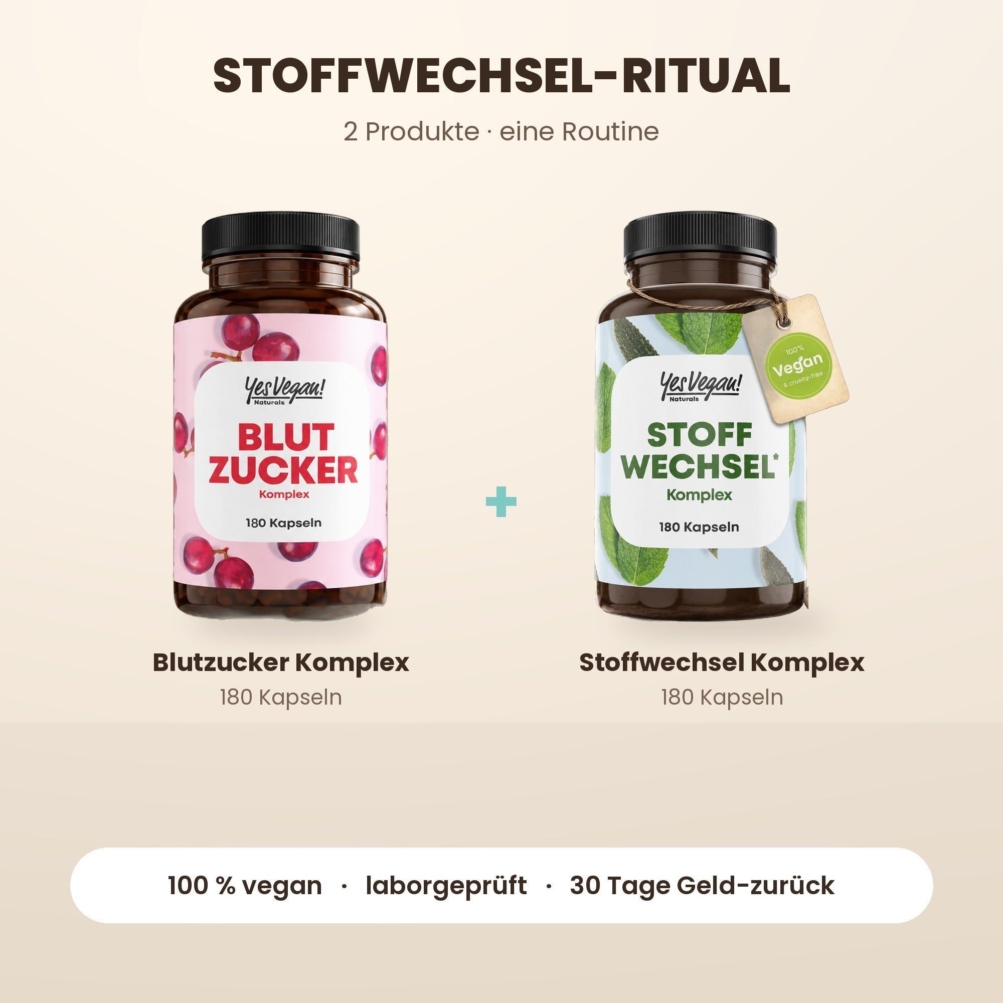 Zwei Flaschen Nahrungsergänzungsmittel: "Blutzucker Komplex" und "Stoffwechsel Komplex", jeweils 180 Kapseln.