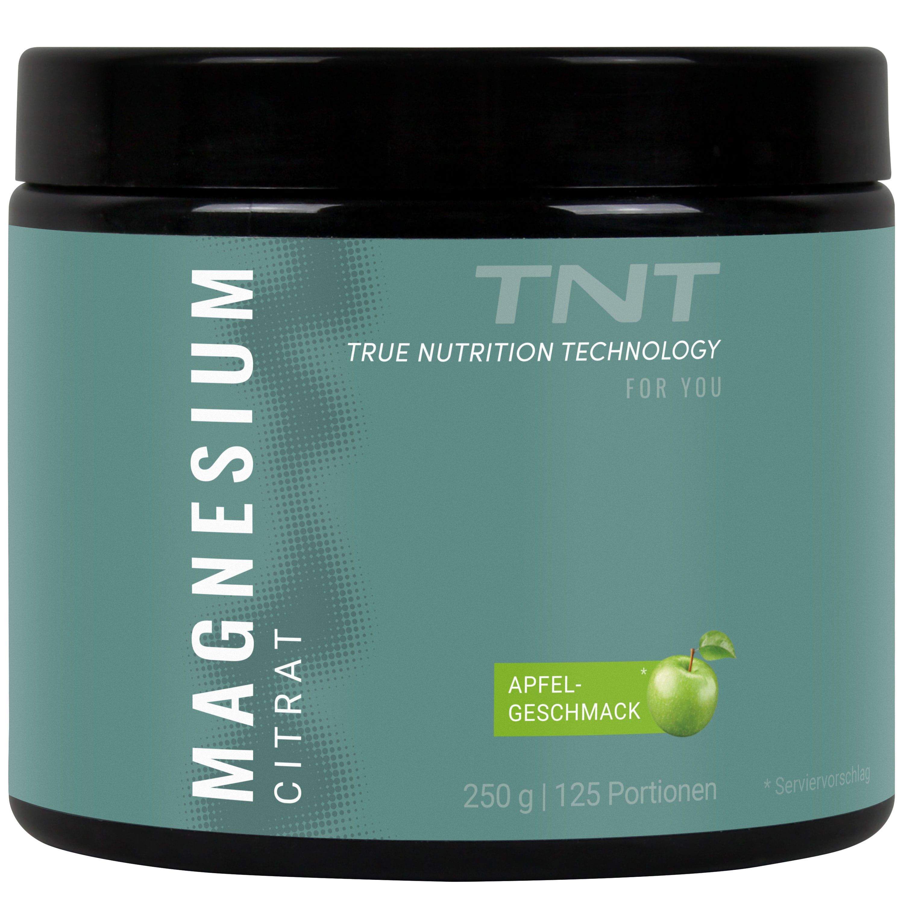 Dose TNT Magnesium Citrat, Apfel-Geschmack. 250g, 125 Portionen. Schwarzer Deckel, grüne Etikette. Vertikale Schrift: Magnesium Citrat.