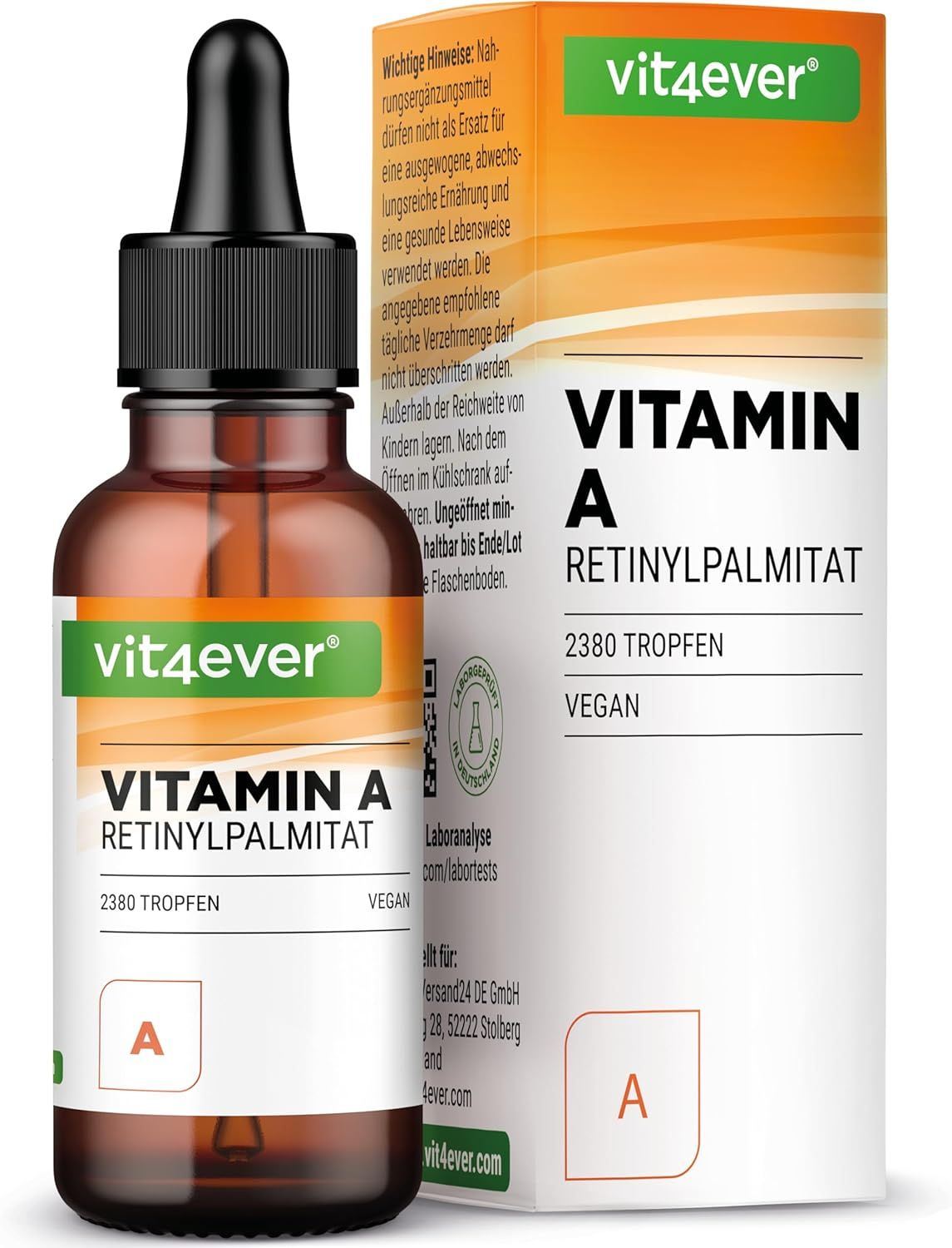 Braune Glasflasche mit Tropfer. Etikett mit "vit4ever" und "Vitamin A Retinylpalmitat". 2380 Tropfen, vegan.