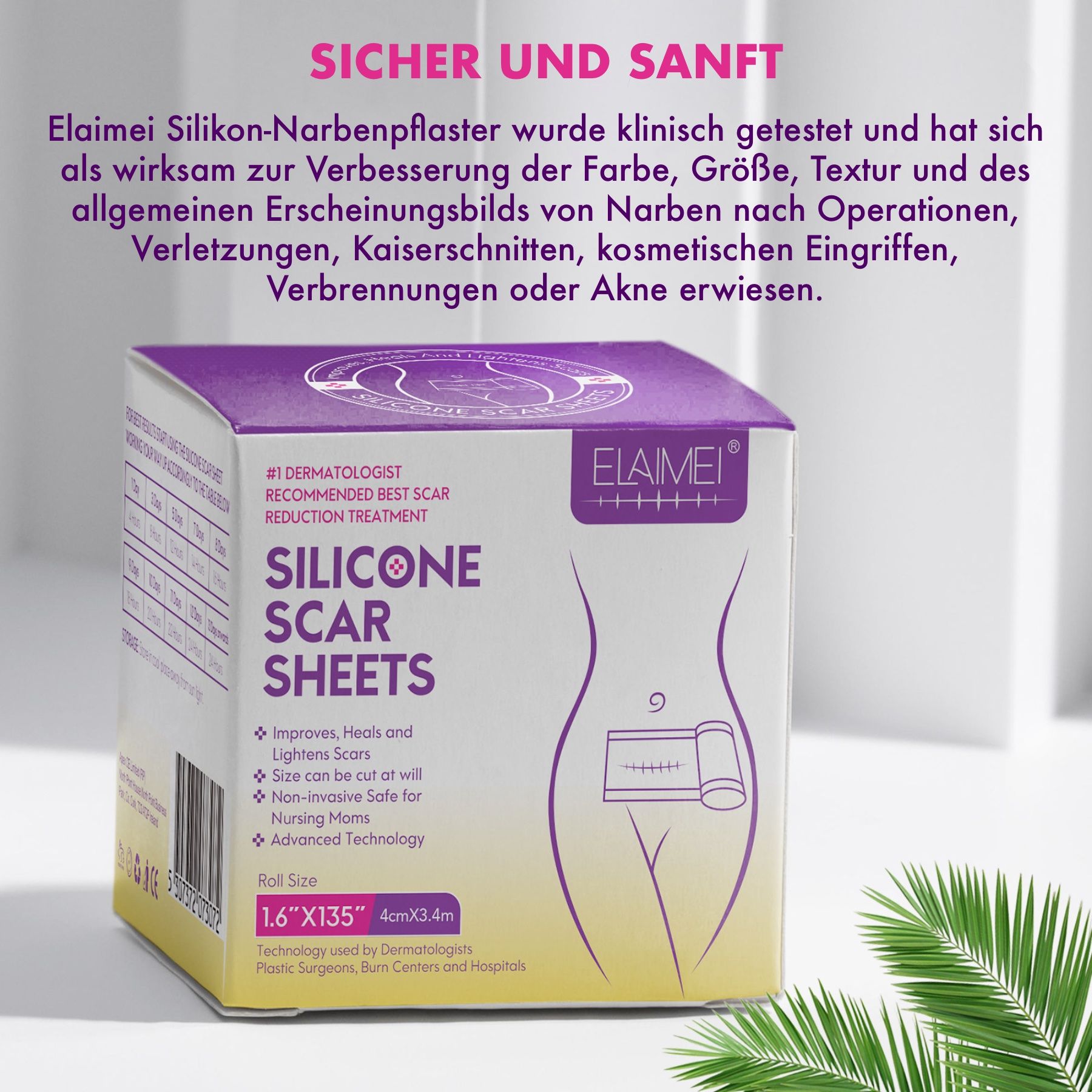 Produktverpackung mit Informationen. Text: Silikonpflaster, verbessert Narben, heilt und hellt Narben auf.