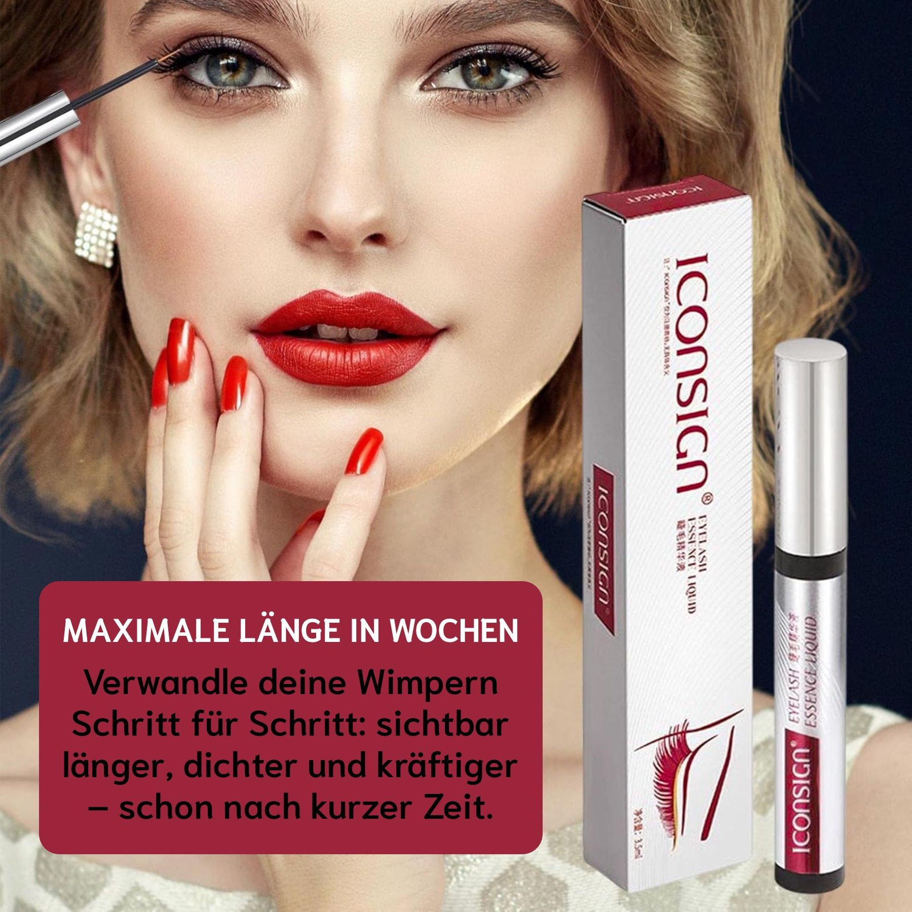 Frau mit rotem Lippenstift und Nagellack. Produktverpackung und Flasche. Text: Maximale Länge in Wochen.