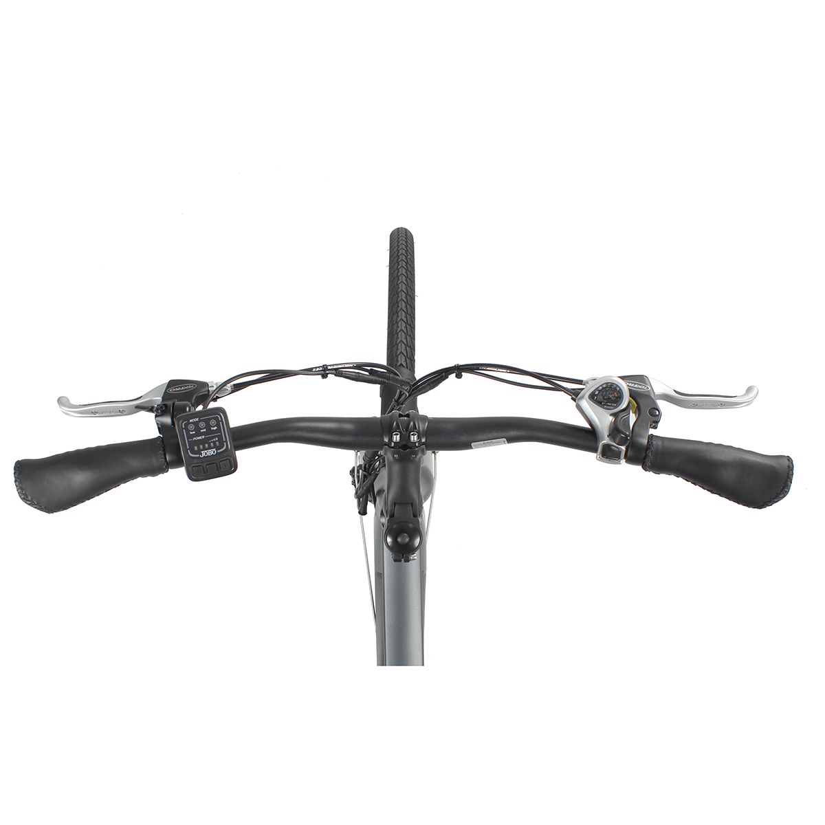 Draufsicht auf den Lenker eines grauen Elektrofahrrads. Griffe, Bremsen, Schalter und Display.