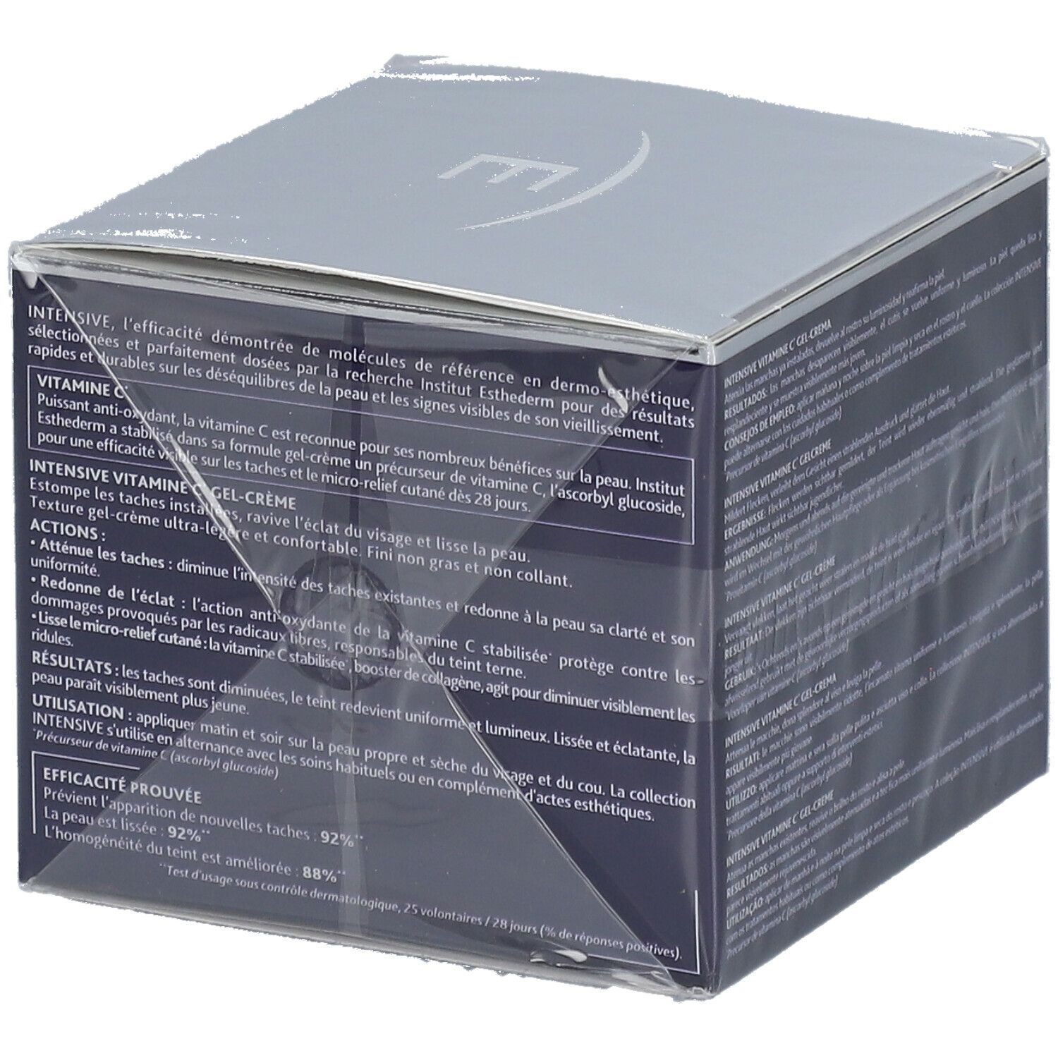 Dunkelblaue Schachtel mit Text. INSTITUT ESTHEDERM, INTENSIVE VITAMINE C GEL-CREME. In Folie verpackt.