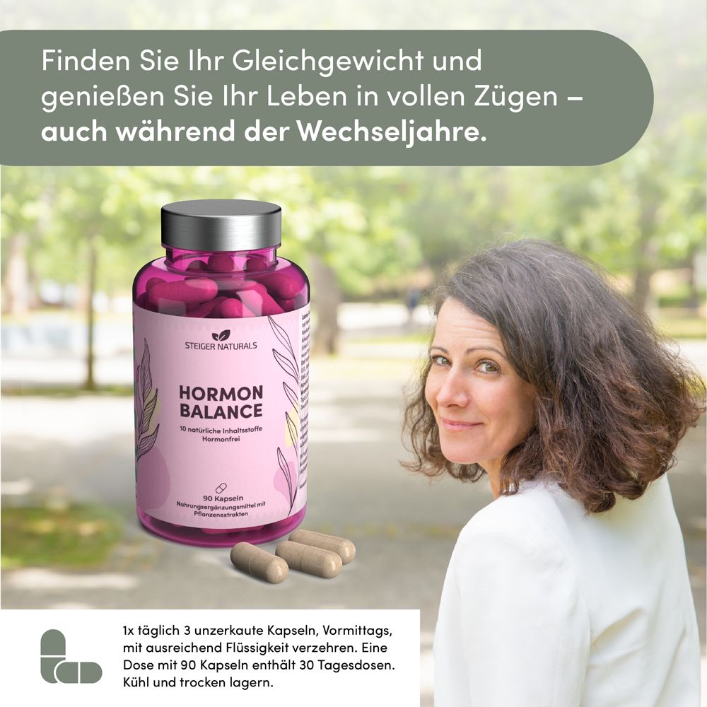 Eine Flasche Hormon Balance und Kapseln. Aufschrift: Hormon Balance, 90 Kapseln. Frau lächelt.