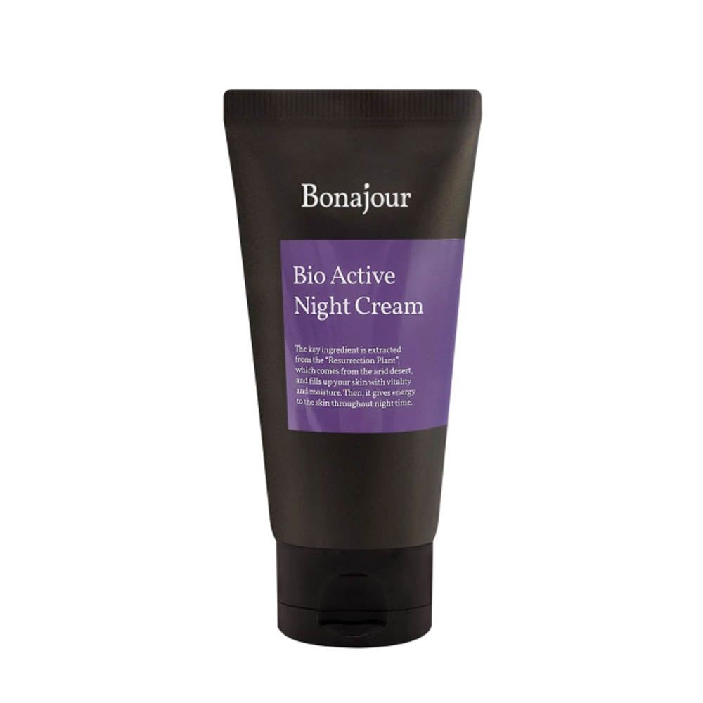 Dunkelgraue Tube mit schwarzem Verschluss. Auf lila Etikett steht "Bonajour Bio Active Night Cream". Text darunter.
