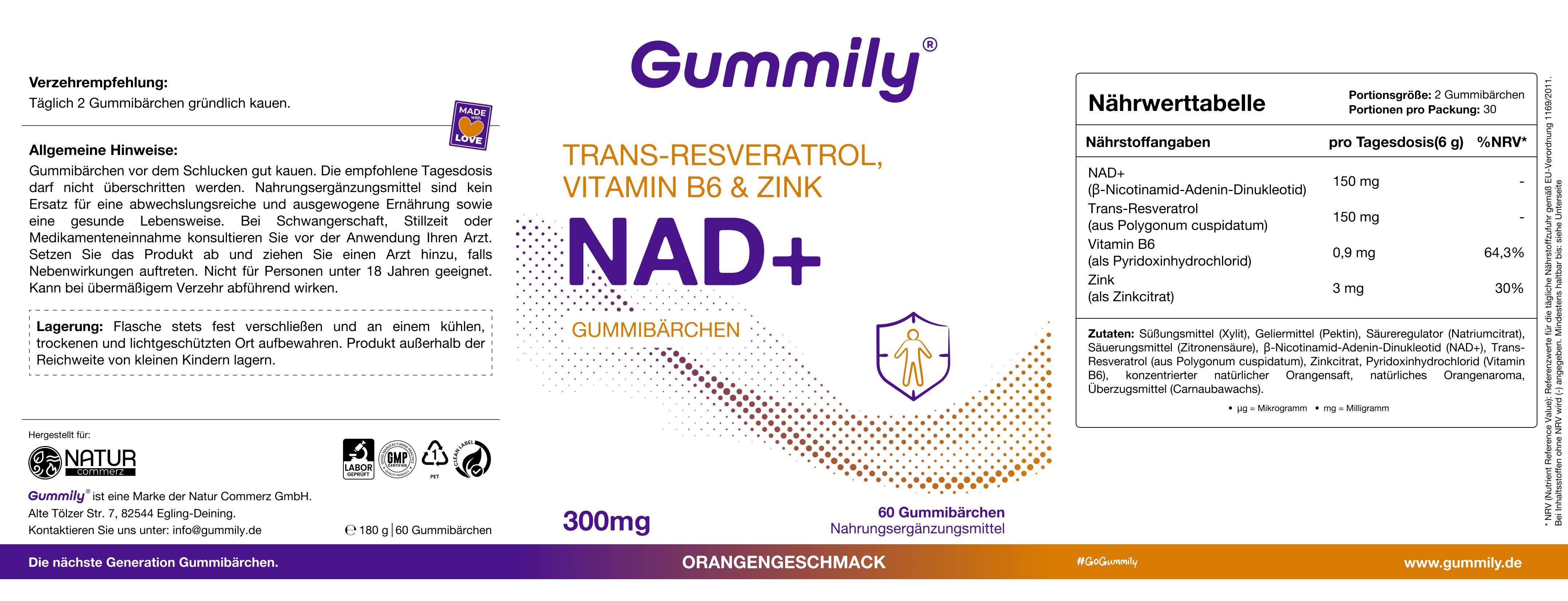 Etikett mit Nährwertangaben für Gummibärchen: NAD+, Trans-Resveratrol, Vitamin B6, Zink. Zutatenliste.