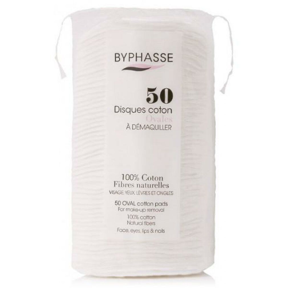 Beutel mit ovalen Wattepads. Aufdruck: BYPHASSE, 50, Disques coton, À DÉMAQUILLER, 100% Coton, Fibres naturelles. Für Gesicht, Augen, Lippen & Nägel.