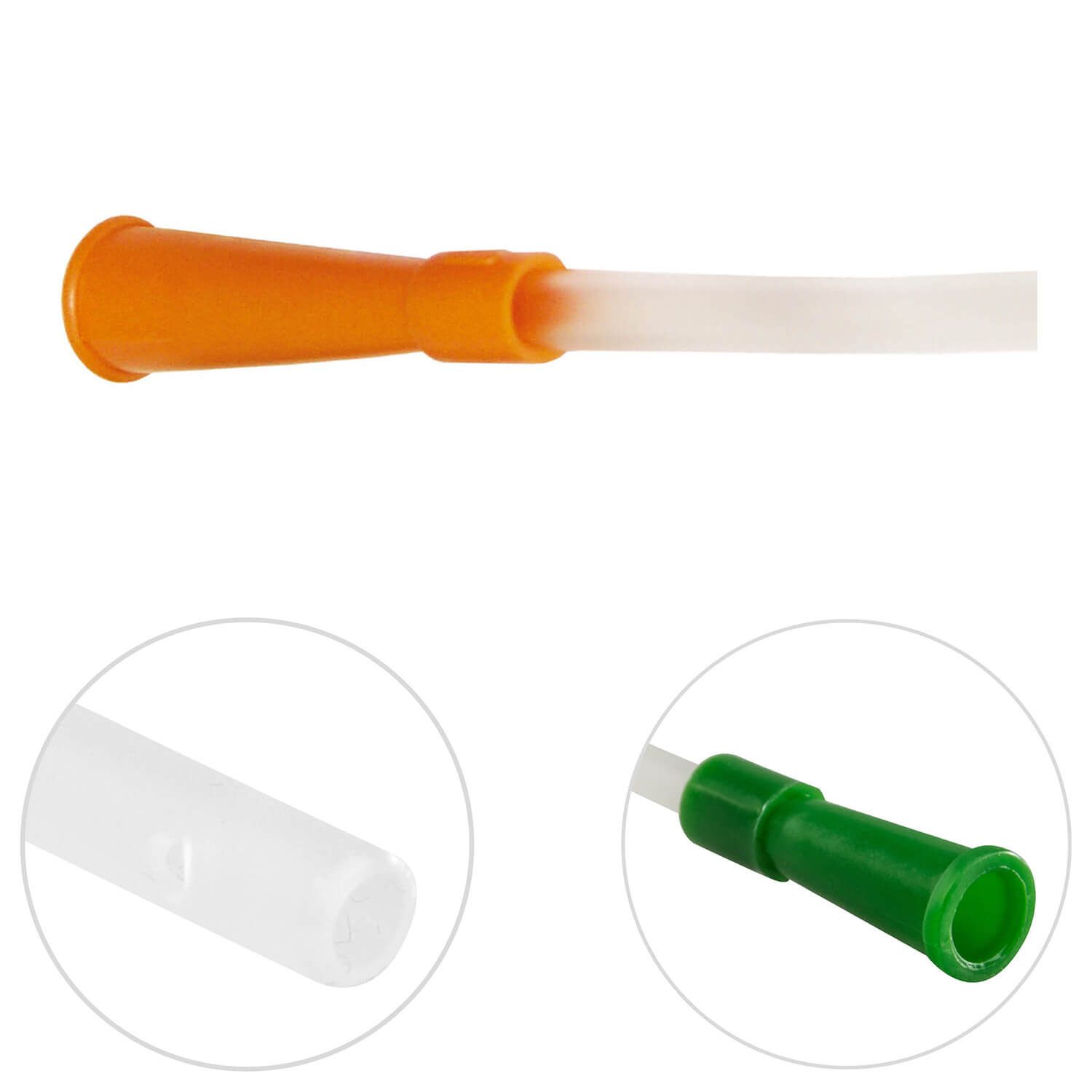 Absaugkatheter mit orangefarbenem Konnektor und transparentem Schlauch. Detailansichten zeigen Enden in Weiß und Grün.