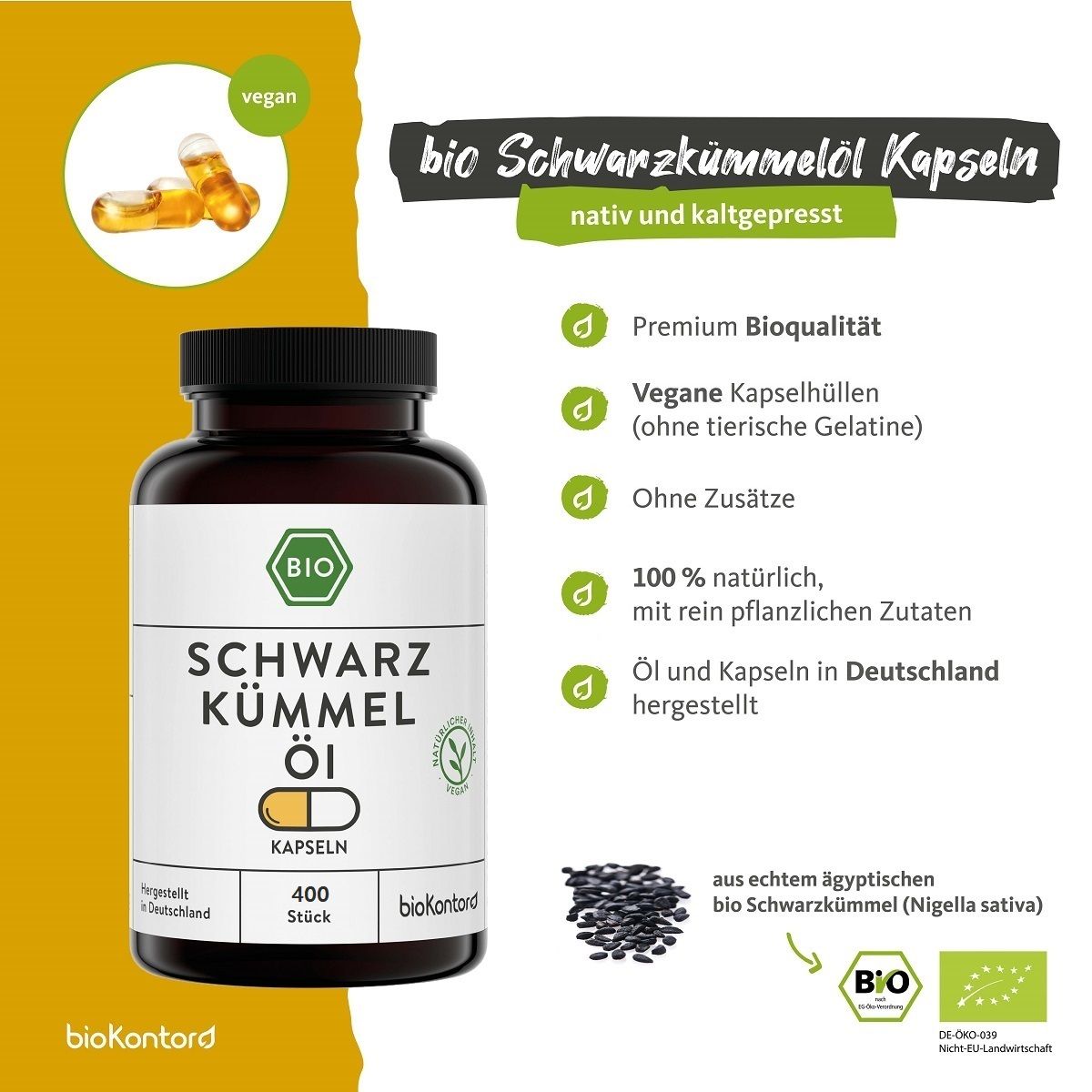 Braune Flasche mit Kapseln und Text. Aufschrift: Schwarzkümmel Öl Kapseln. Bio-Siegel, vegan. Zusätzliche Informationen.