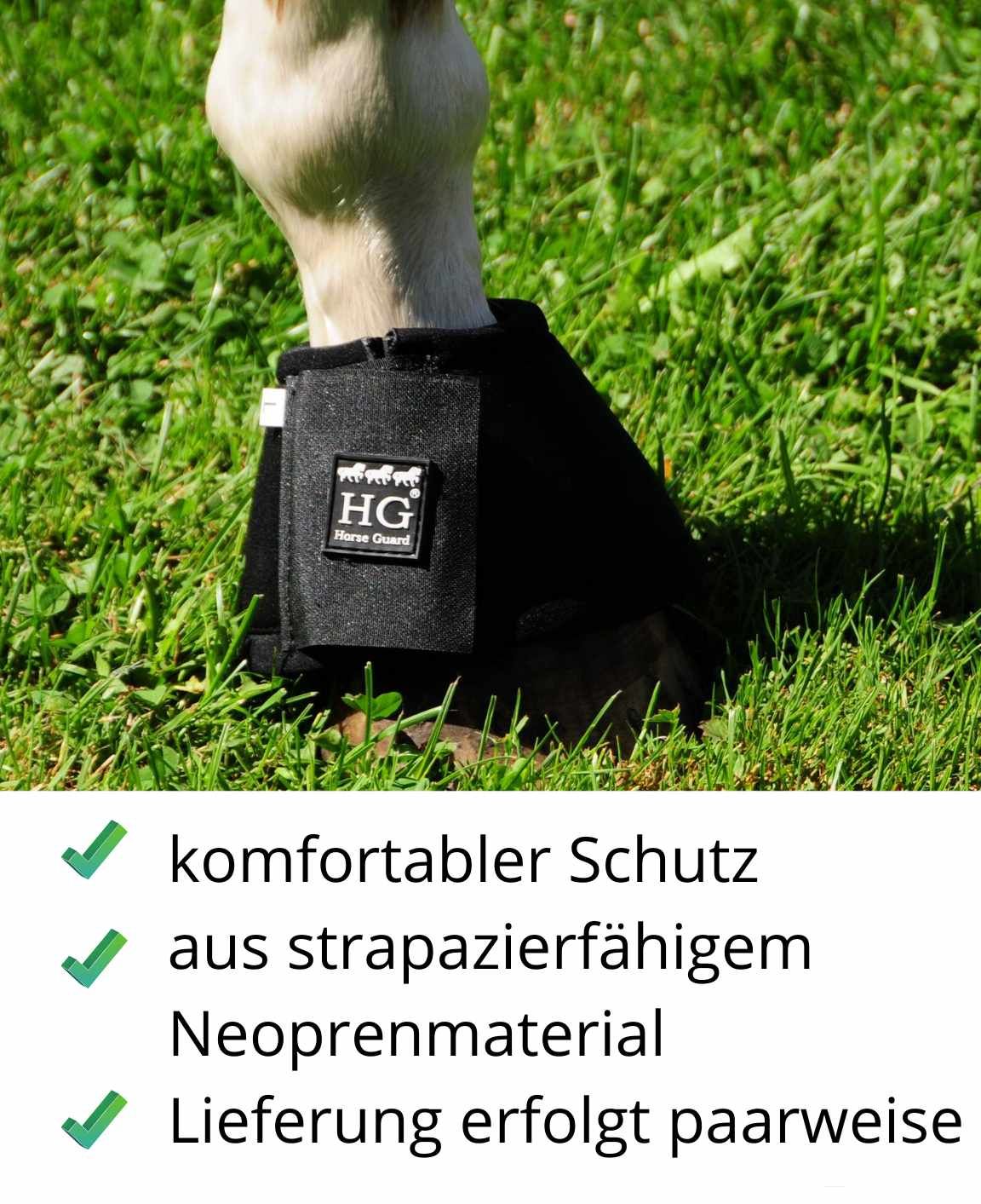Schwarze Sprungglocke am Pferdebein. Logo "HG Horse Guard" sichtbar. Text: komfortabler Schutz, Neoprenmaterial, paarweise.