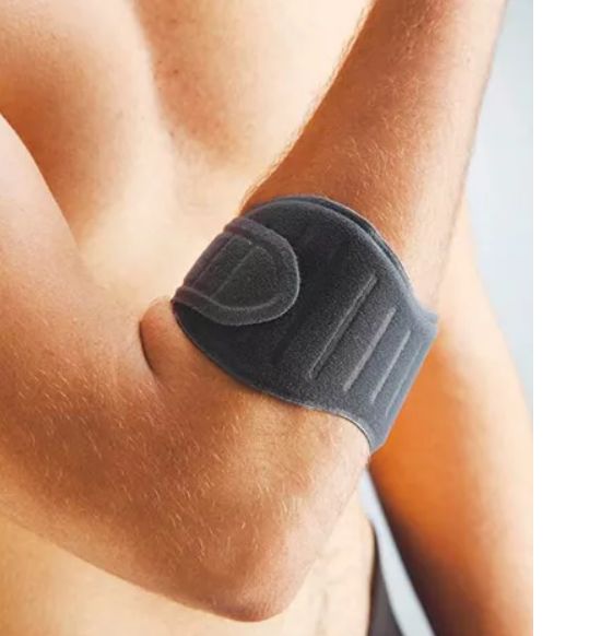Ellenbogenbandage, grau, am Arm getragen. Klettverschluss und gepolsterte Bereiche sichtbar.