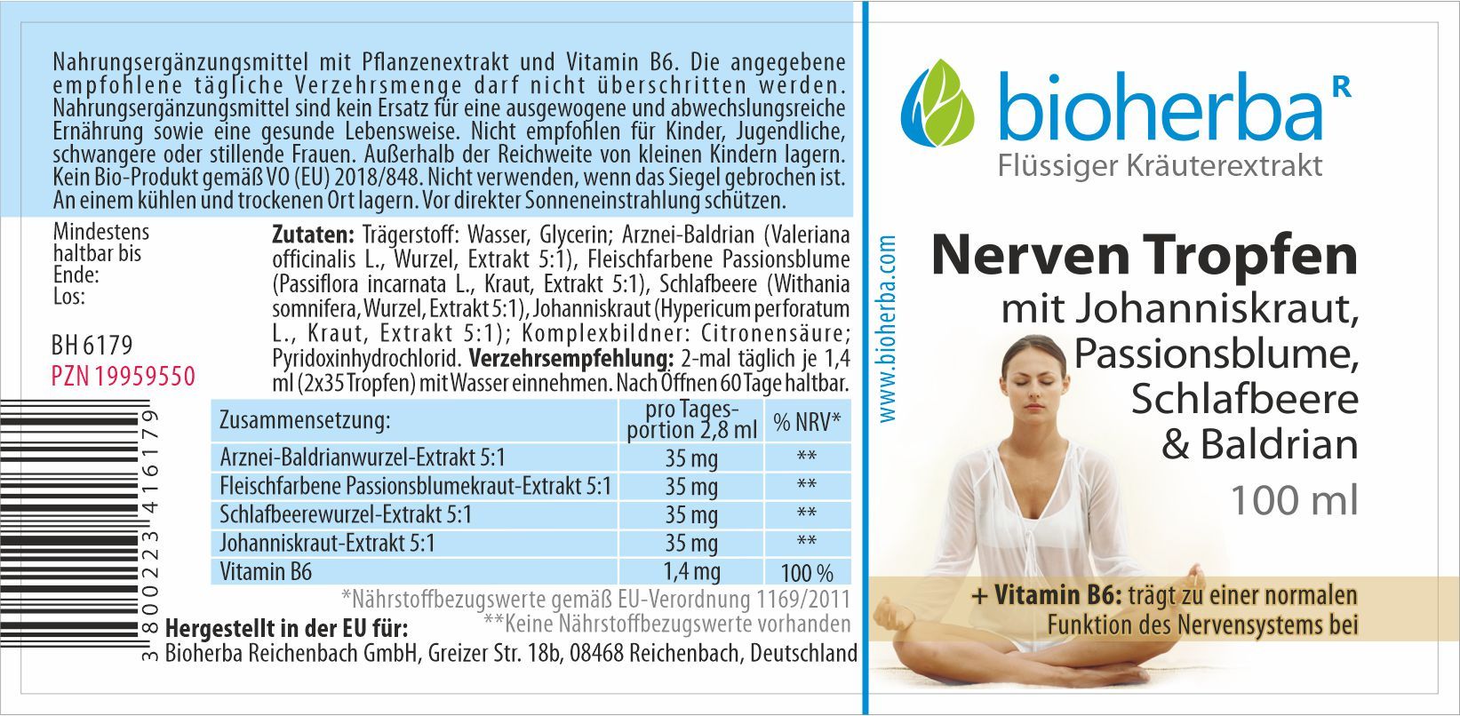 Etikett von Bioherba Nerven Tropfen. Enthält Informationen zu Inhaltsstoffen und Nährwerten. Text in Deutsch.
