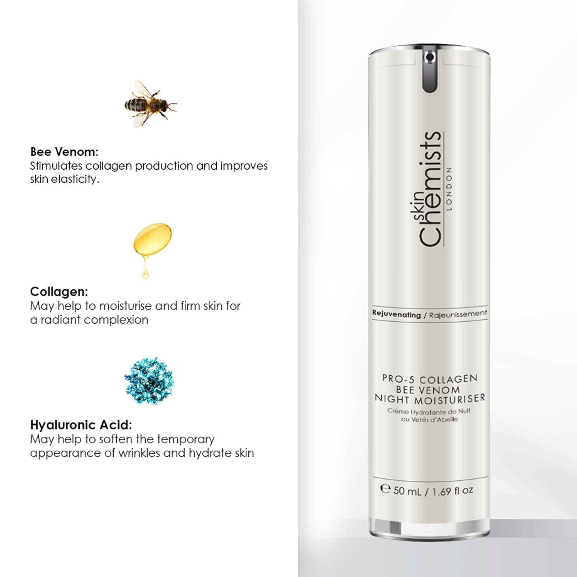 Creme-Flasche mit Inhaltsstoff-Illustrationen. Aufschrift: Skin Chemists London, Pro-5 Collagen Bee Venom Night Moisturiser. 50 ml.