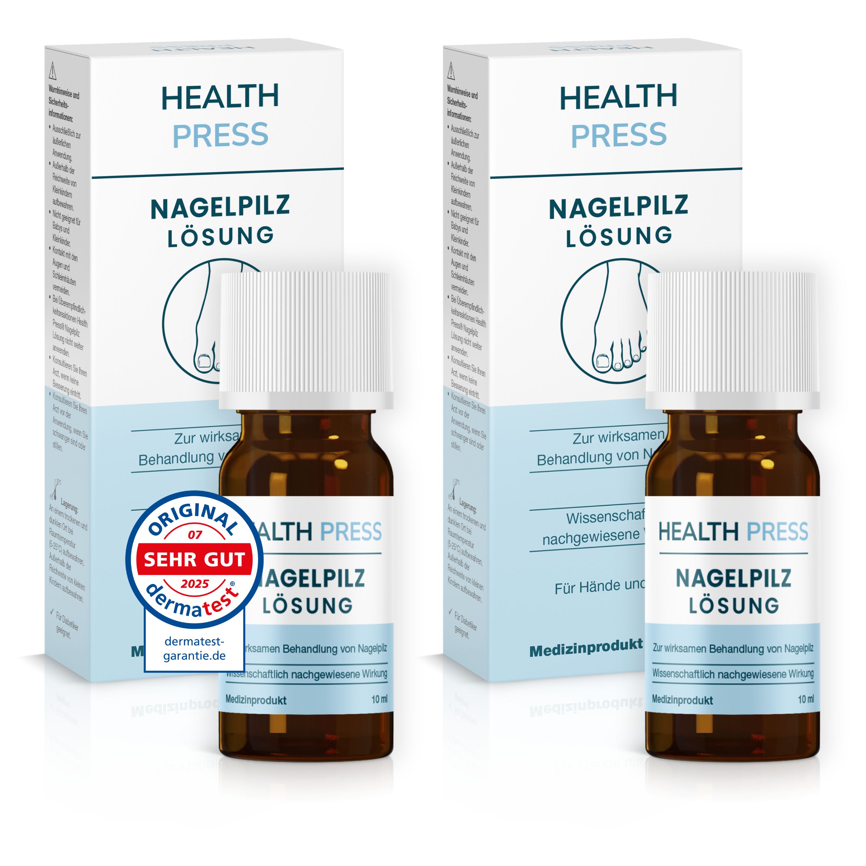 Zwei Produktflaschen und Verpackungen. Text: Nagelpilz Lösung. Original, sehr gut, dermatest.